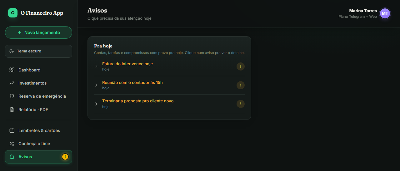 Tela de Avisos do O Financeiro Web, mostrando uma fatura, uma reunião e uma tarefa marcadas para hoje